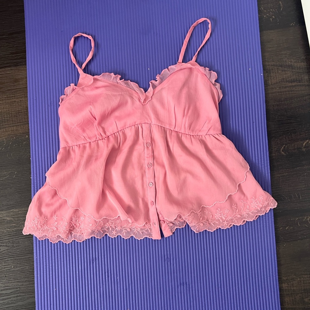 Hollister Pink Ruffled Button-Front Cami Top - Picture 2 of 4